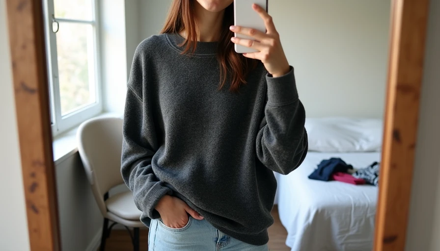 Mirror selfie of woman wearing mid-tier knit sweater and straight-leg jeans