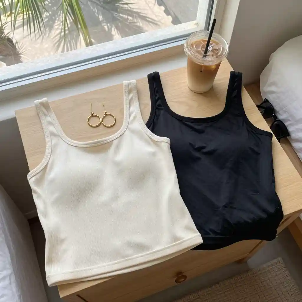  Two women's tank tops comparing mid-tier cotton quality with thin polyester fabric