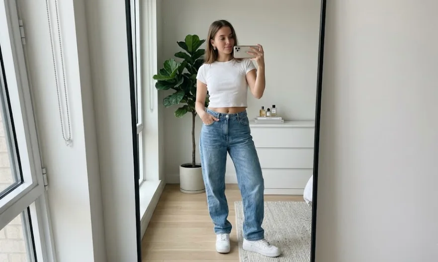 Woman wearing baggy jeans and cropped baby tee with chunky sneakers