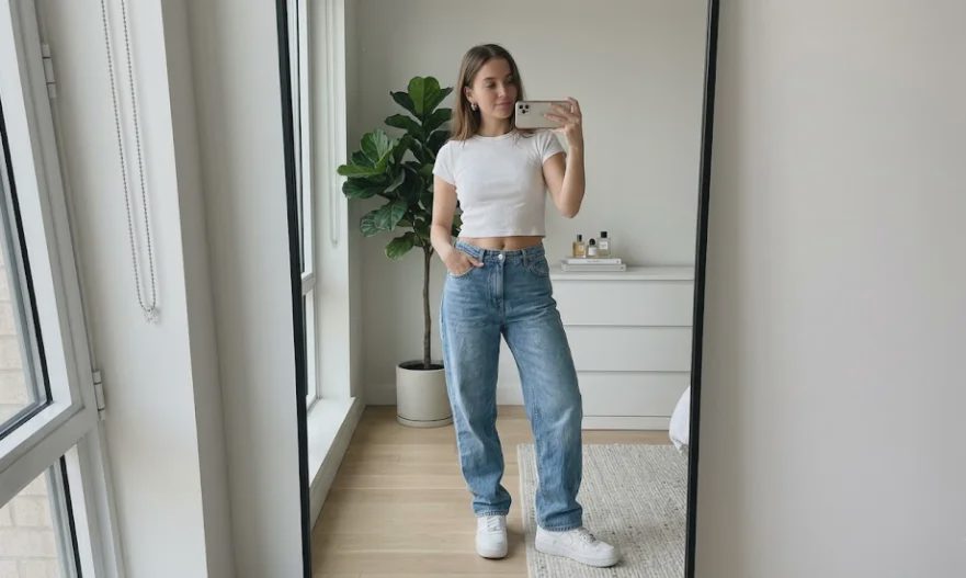 Woman wearing baggy jeans and cropped baby tee with chunky sneakers