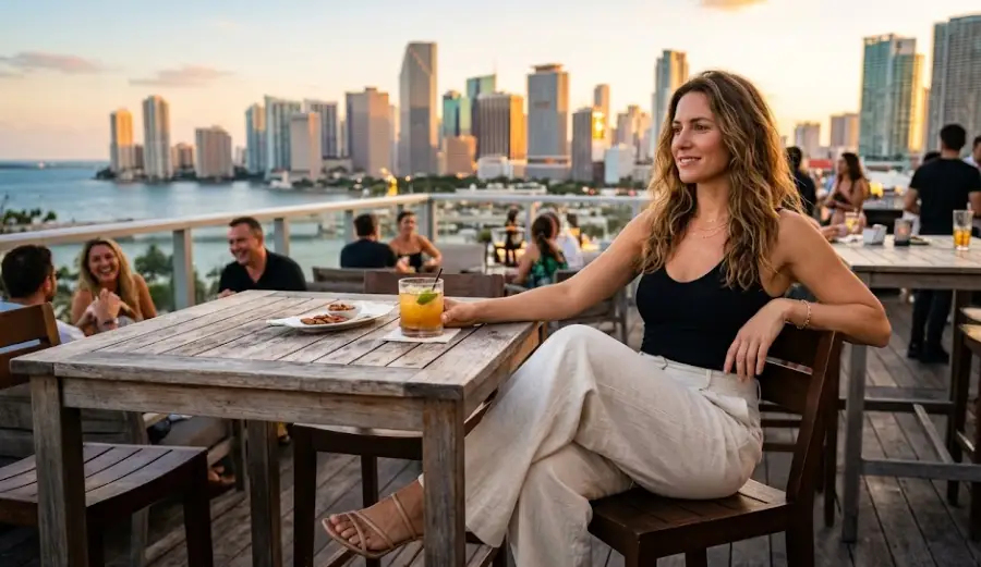 Night-out outfit formula one tight one loose Woman in one tight one loose night-out outfit at rooftop bar