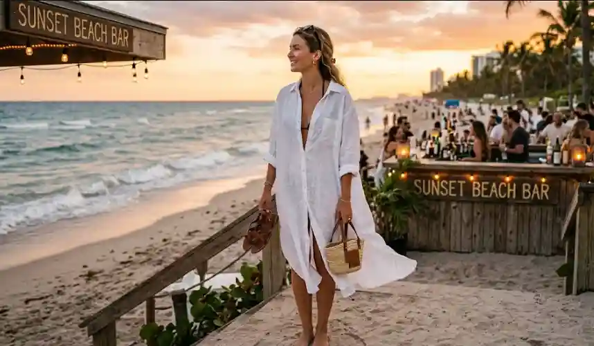 Woman in linen cover-up dress transitioning from beach to bar Miami