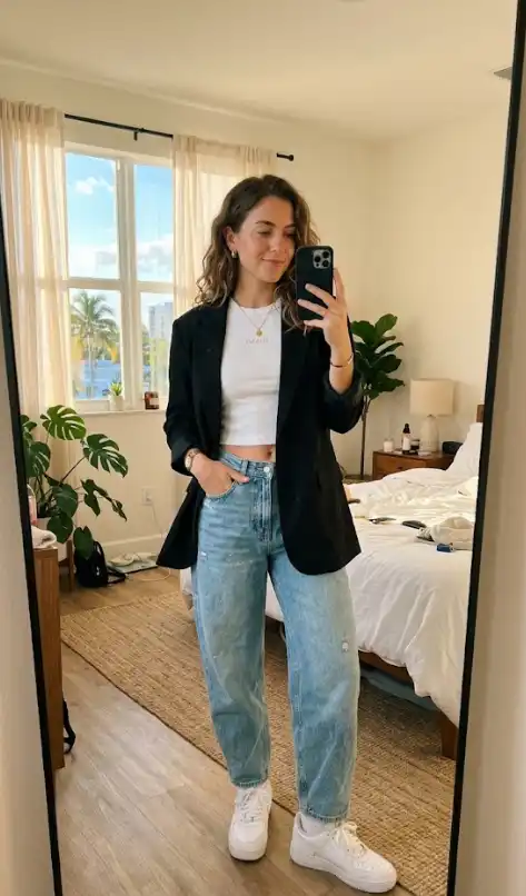 Woman wearing feminine streetwear outfit with baggy jeans and blazer