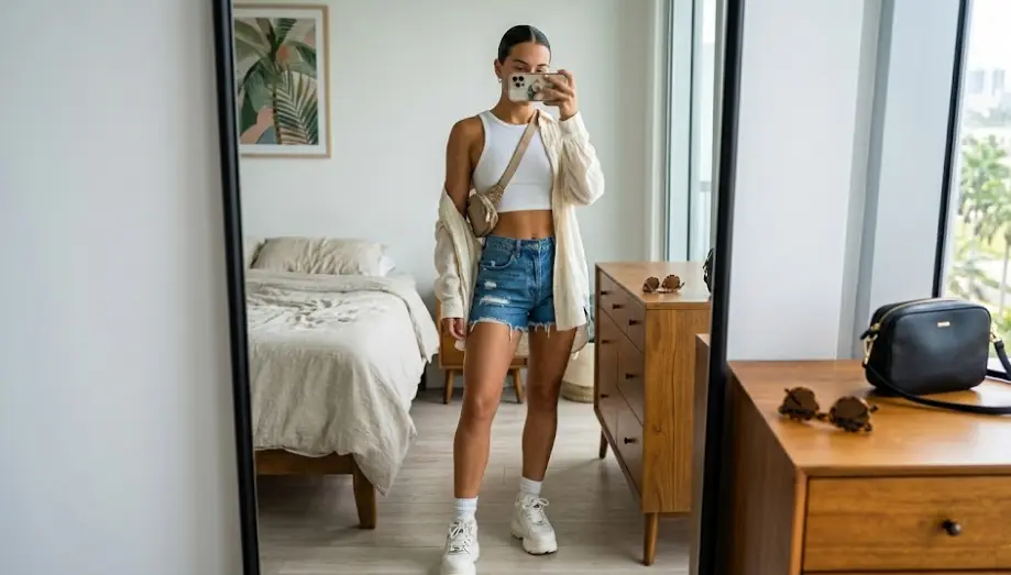 Music festival outfit Miami comfort and style Woman in festival outfit with cropped tank denim shorts and chunky sneakers