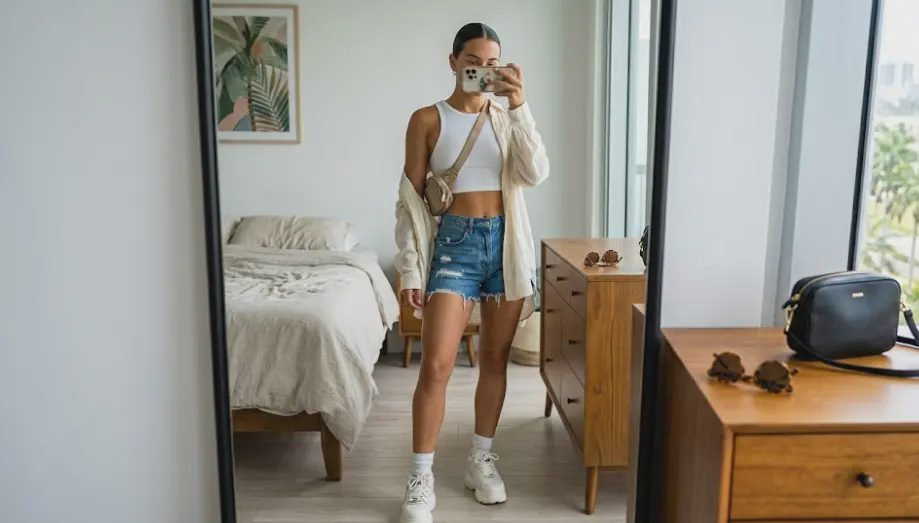 Woman in festival outfit with cropped tank denim shorts and chunky sneakers