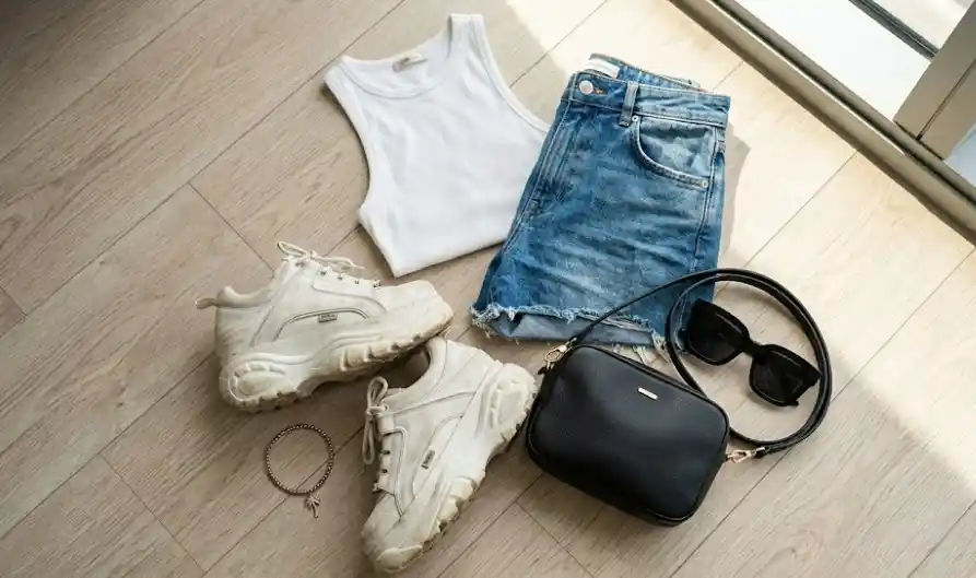 What to pack for a music festival outfit women Festival outfit essentials flat lay sneakers bag sunglasses tank shorts