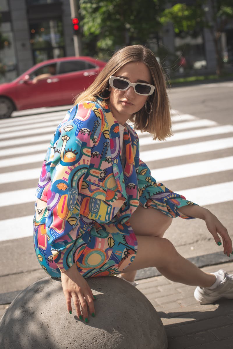 Stylish woman in colorful summer outfit posing confidently on an urban street