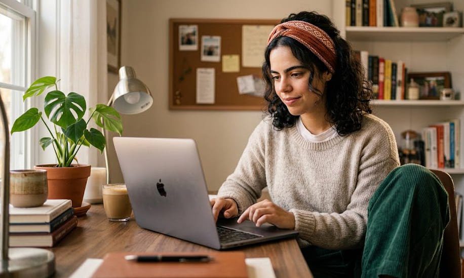 Woman wearing comfortable YONUF headwrap while working at desk