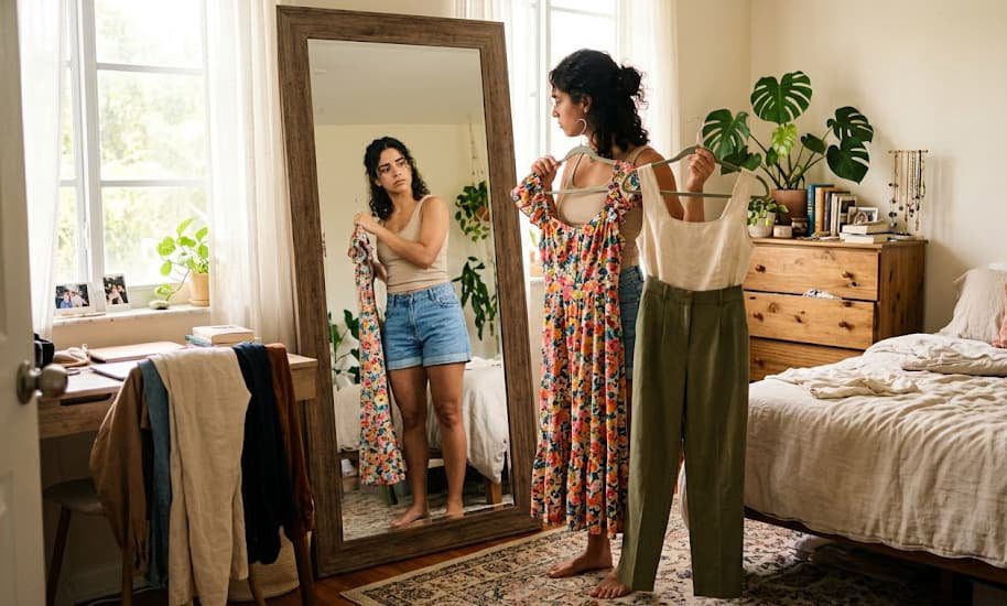 Woman frustrated trying outfits in front of mirror