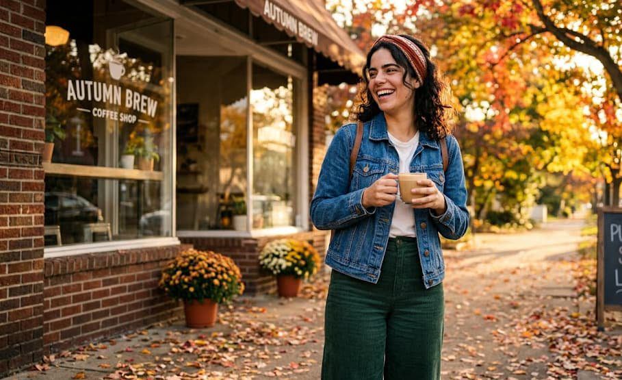 Woman wearing YONUF headwrap with casual fall outfit