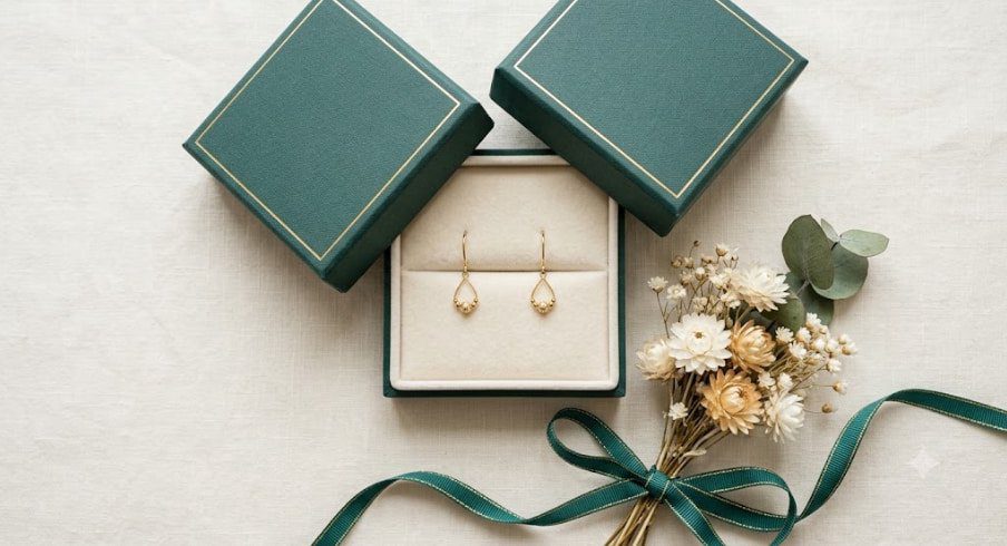 SELFROSE gold dangle earrings in gift box packaging, 14K gold plated with crystal zirconia
