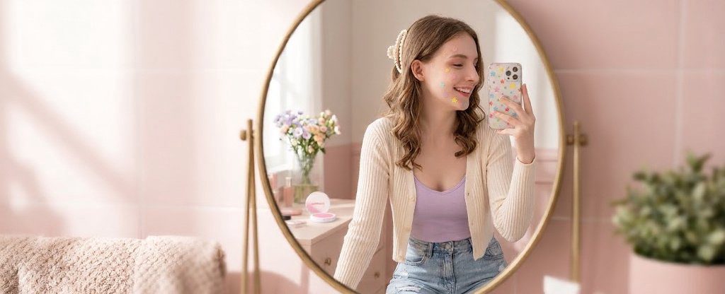 Girl taking mirror selfie with colorful star-shaped pimple patches on her face, looking confident and cute