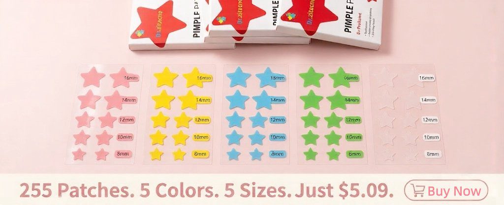 Dr. Zitacne 255-pack star pimple patches in 5 colors and 5 sizes laid out flat